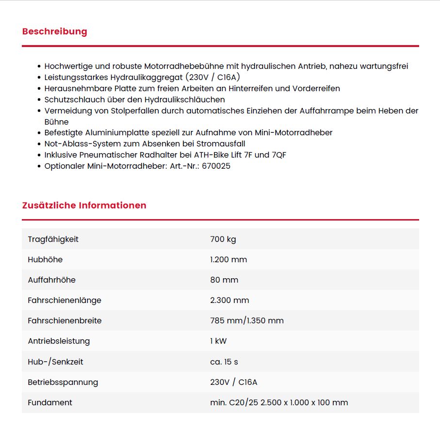 Motorradhebebühne ATH-Bike Lift 7F  inkl. Radhalter in Köln