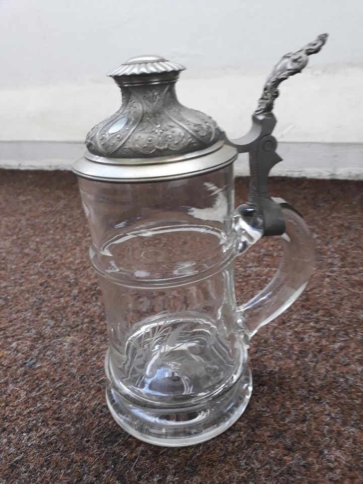 Uralter Glaskrug mit Klapp-Zinndeckel 1880  95,00 € in Plauen