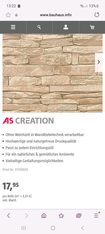 ‼️Neue Vlies Tapete "Steinoptik" von A.S. Creation, ca. 5.32 m2‼️ in Kerpen