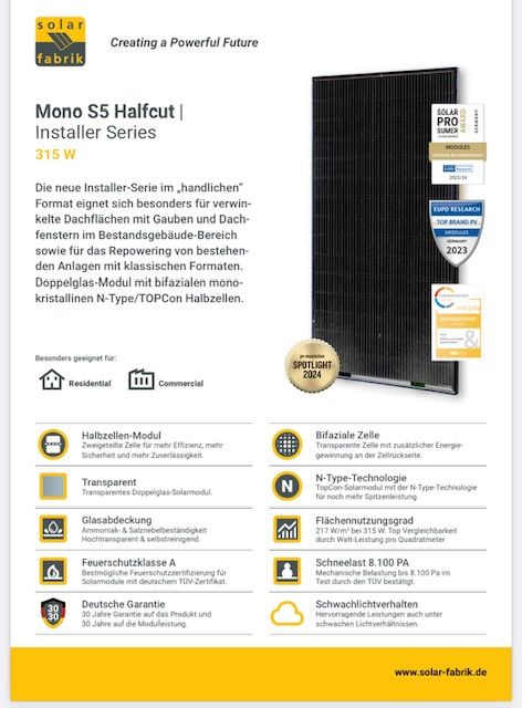 SolarFabrik 315W Mono S5 Installer, Doppelglas bifazial in Leipzig