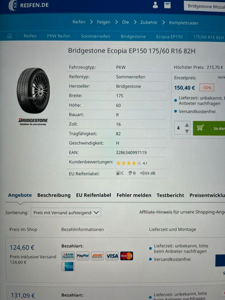 Sommerreifen Bridgestone Ecopia Ep150 (175/60 R16 82H) in  Nordrhein-Westfalen - Petershagen | Reifen & Felgen | eBay Kleinanzeigen  ist jetzt Kleinanzeigen