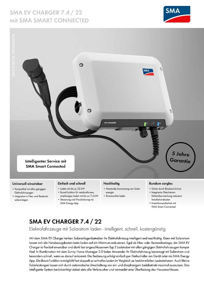 SMA Wallbox EV-Charger 22kW T2 5m, 7,5m oder 10m Kabel LAN WLAN in Kutenholz