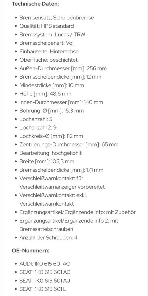 Bremsscheiben und -beläge Hinterachse neu in Einhausen (Thüringen)