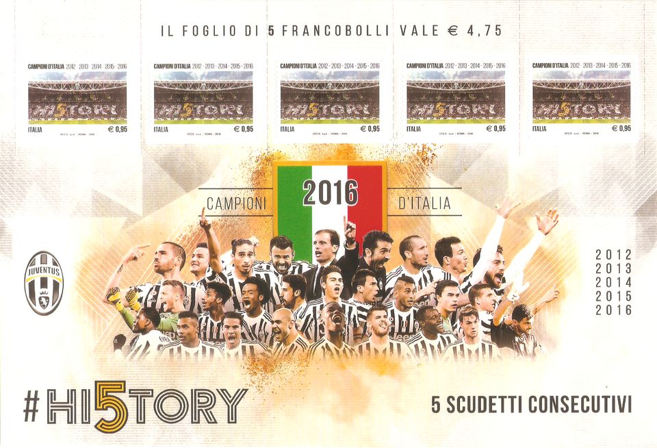 Italien 3916 Folienbogen ** Juventus Turin Fußballmeister 2012-16 in Kamen