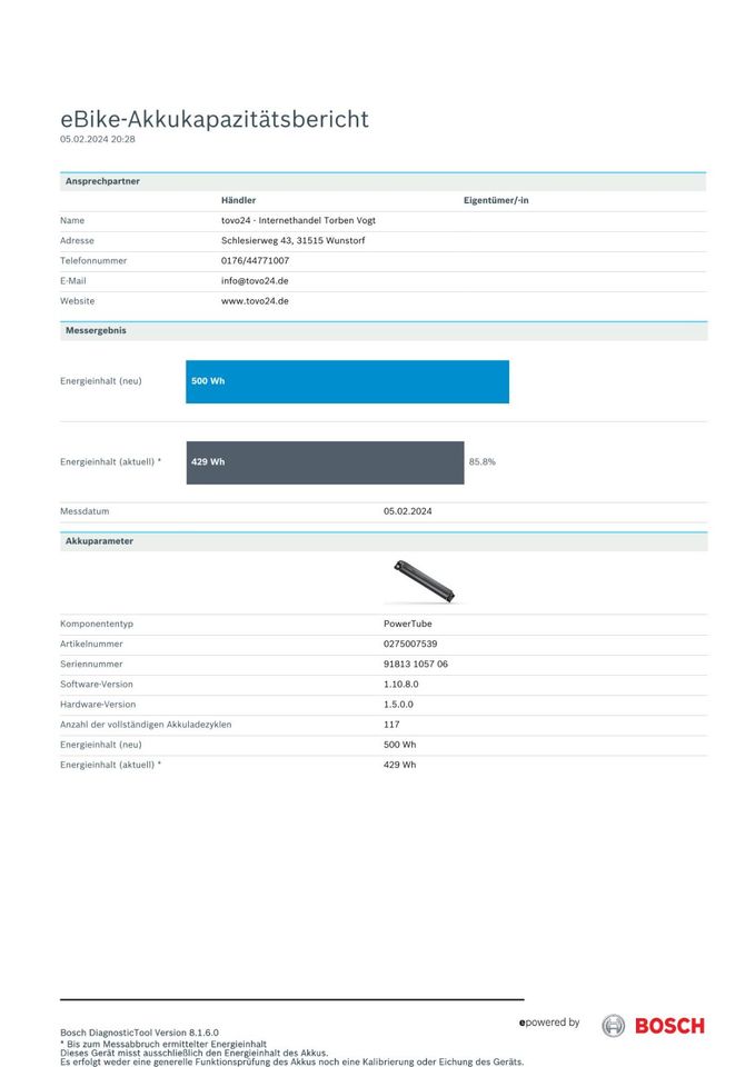 ‼️ Bosch Power Tube Akku 500 0275007539 mit Test 85.8% Fehlercode in Wunstorf