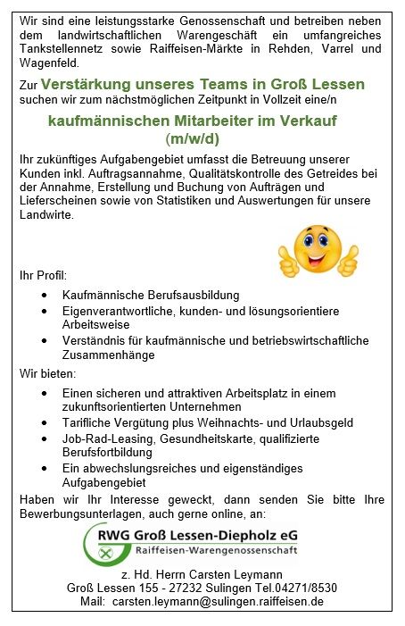 Kaufmännischen Mitarbeiter im Verkauf (m/w/d) in Sulingen