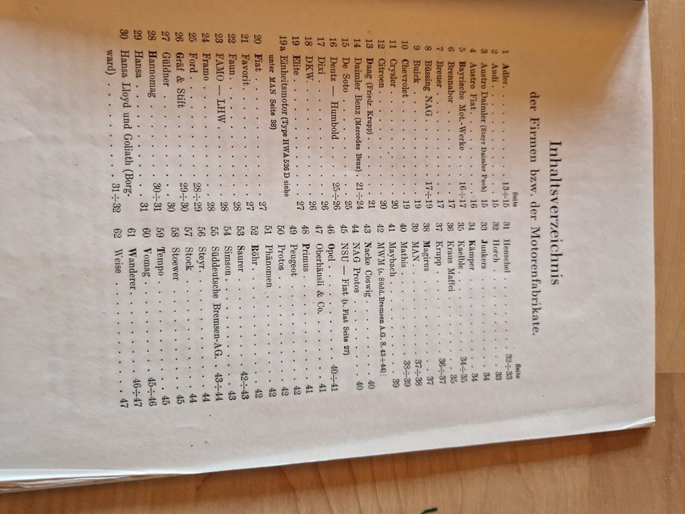 Tabellenwerte zur Einregulierung von Kraftwagenmotoren, 1939!!! in Nastätten