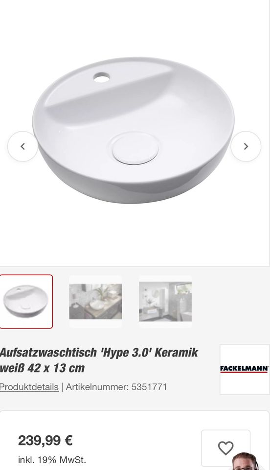 Aufsatzwaschbecken Hype 3.0 Fackelmann rund Keramik Schale in Regensburg