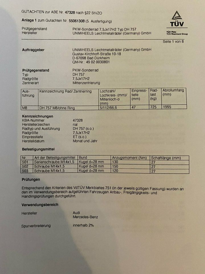 17 Zoll Mercedes Audi VW Seat Skoda 7,5Jx17 ET47 5x112 205/50 17 in Klein-Winternheim