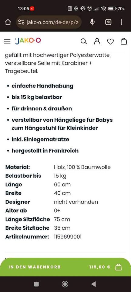 Zebul'Hamac Babyhängestuhl Babyhängematte Federwiege in Rostock