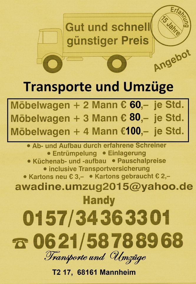 Transport ★ Umzug ★ Möbelmontage ★ Umzugshelfer ★Umzugshilfe ±LKW in Mannheim