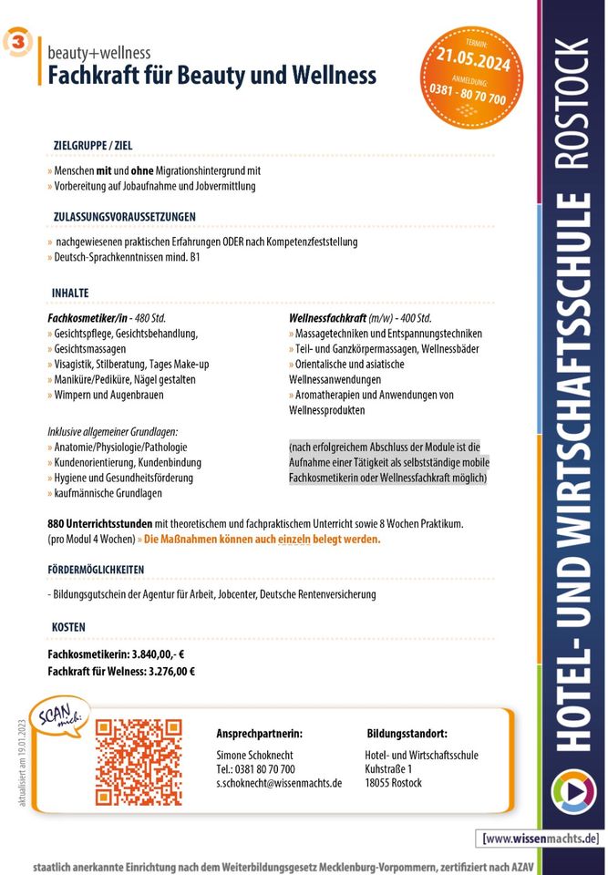 verkürzte Ausbildung Fachkosmetik Kursstart 10.06.2024 in Rostock