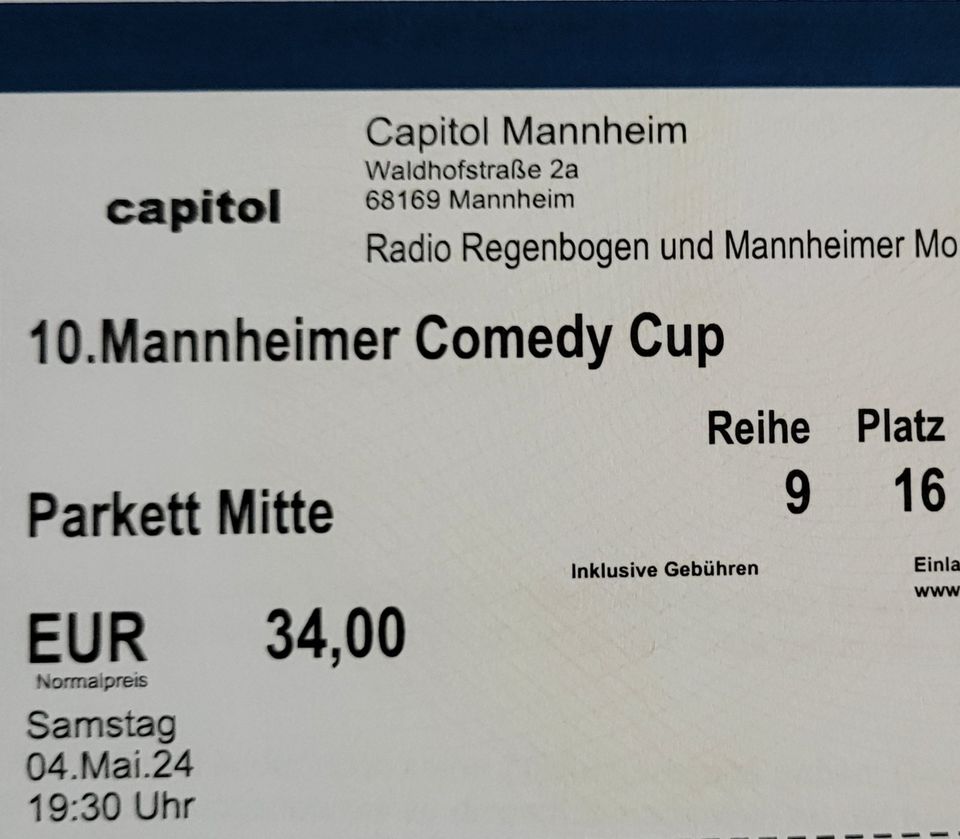 10. Mannheimer Comedy Cup - 2 Tickets zu verkaufen in Worms