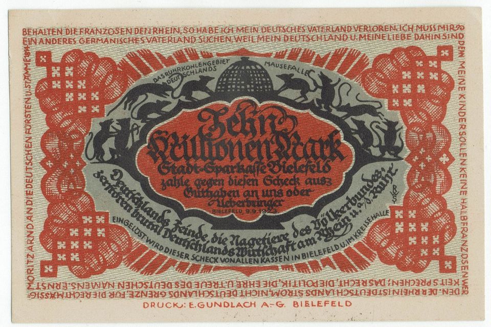 Bielefeld Stadtsparkasse 10 Millionen Mark 9.9.1923 Papier in Hamburg