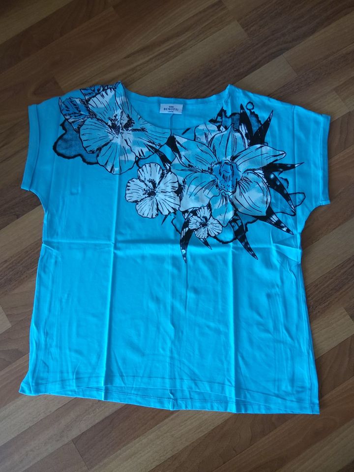 T-Shirt Gr. L (44/46), türkis mit Blumen, Gina Benotti, Baumwolle in Ense