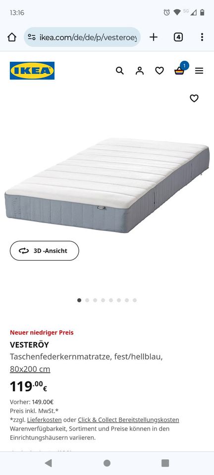 Ikea Matratze Vesteröy 80 * 200 fast neu in Düsseldorf