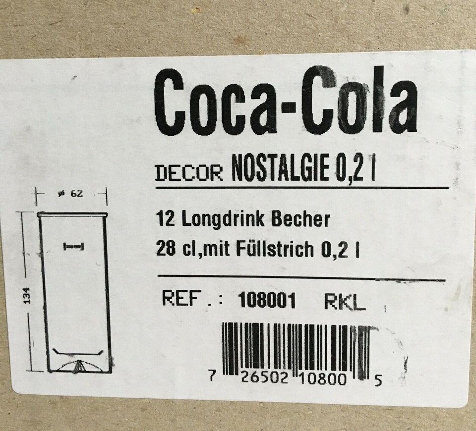 Coca-Cola Gläser 0,2 Nostalgie Neu Tiffany Longdrink Becher in Brieselang