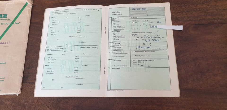 Original MZ ES 175 DDR Fahrzeug-brief Papiere Unterlagen SELTEN in Zuchau