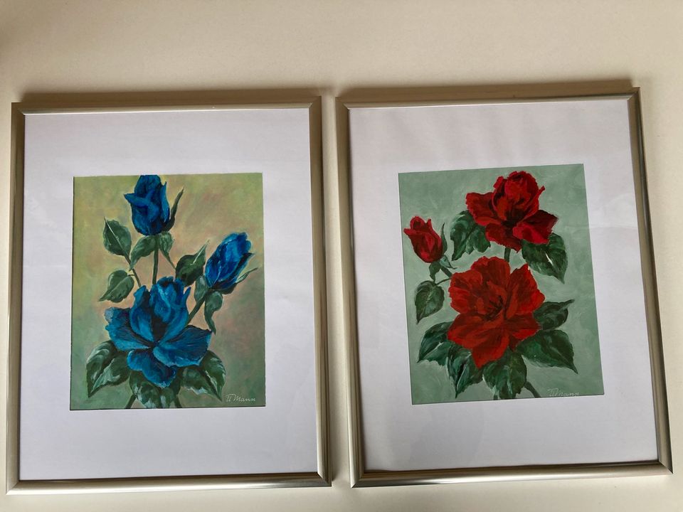 Acryl Gemälde • Unikat • Blaue Rosen • Silberrahmen • in Rastede