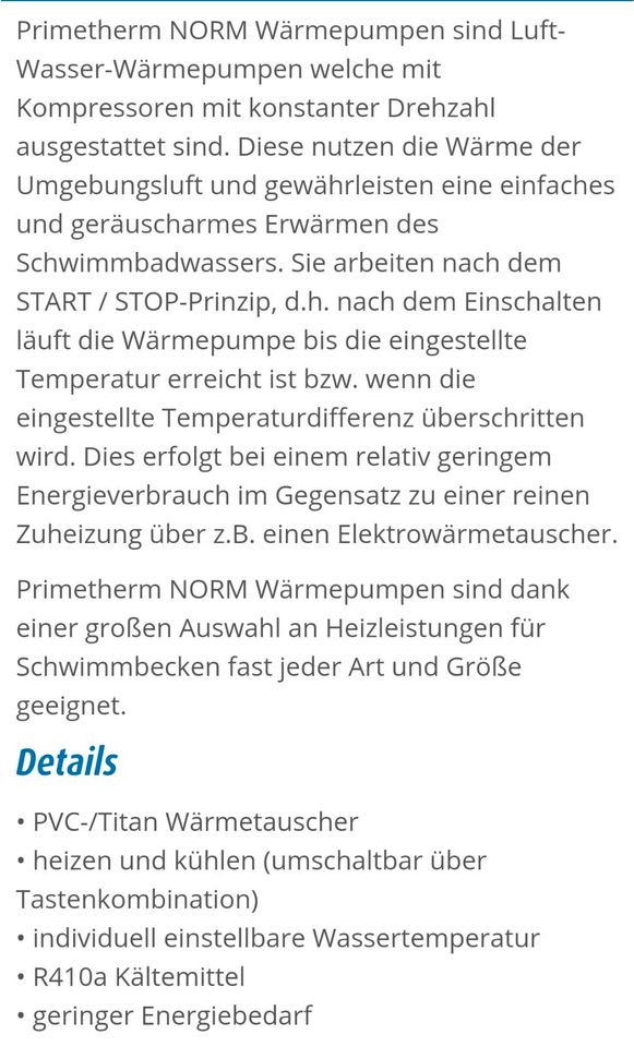 POOLHEIzUNg Primetherm NORM 30 Wärmepumpe 11.6 KW in Jünkerath