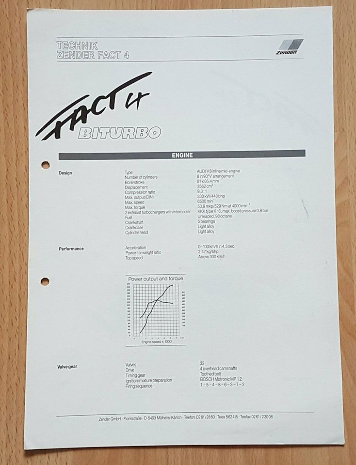 Prospekt Zender Fact 4 Biturbo Studie 1989 technische Infos in Paderborn