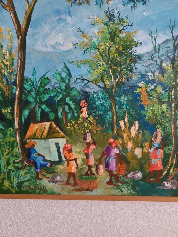 Naive Malerei aus Haiti, Öl auf Leinwand, signiert in Hanau