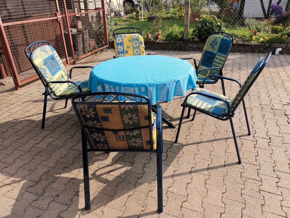 Gartentisch rund, 110 cm blau/weiß+5 blaue Metallstühle+5Auflagen in Mosbach
