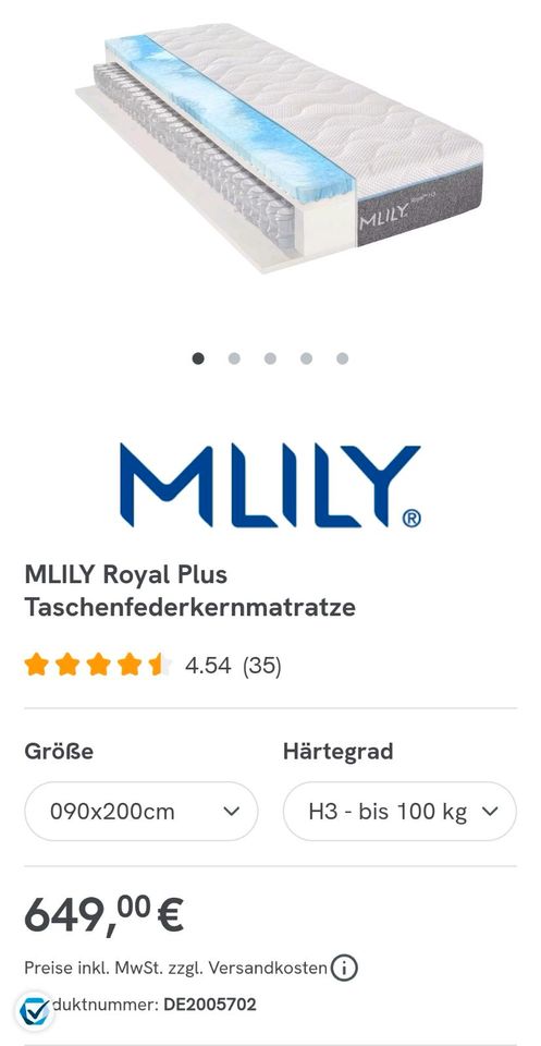 Taschenfederkernmatratze Mlily Matratze Royal Plus H3 90 x 200 cm in Arnbruck