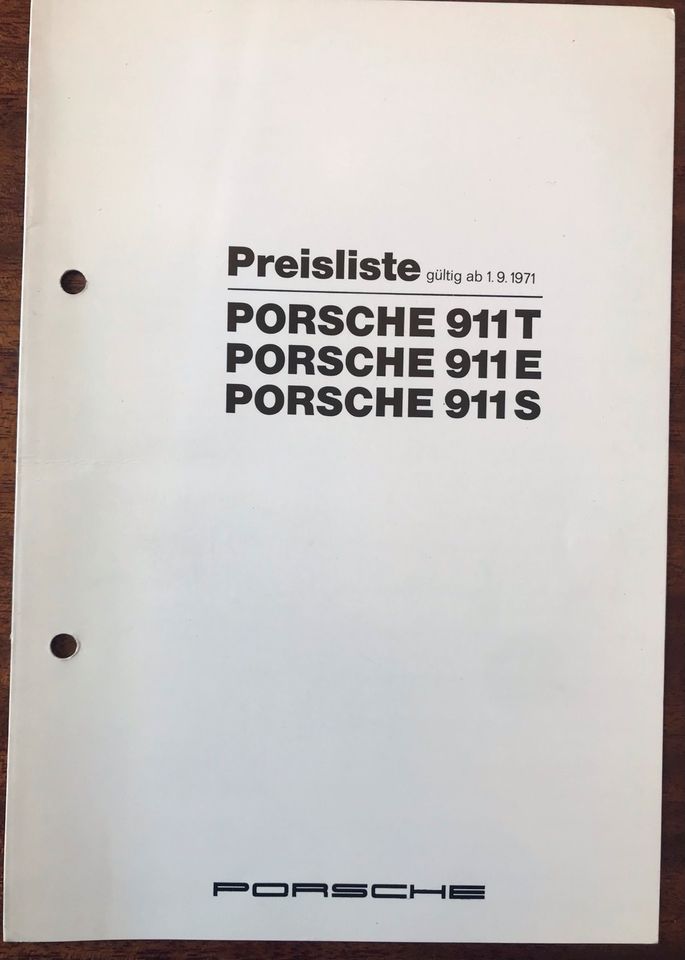 Preisliste VW Porsche 911 T / 911 E / 911 S gültig ab 1.9.1971 in Nürnberg (Mittelfr)