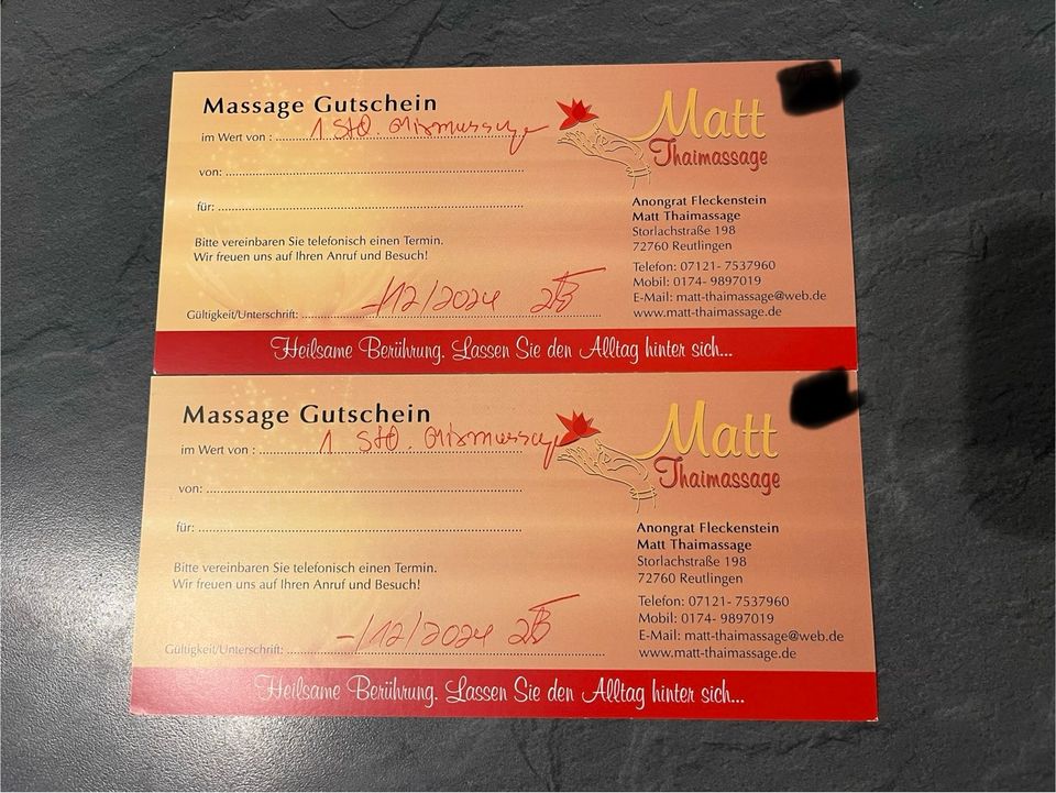 2x Gutschein Thai Massage Matt Reutlingen Thaimassage Wert 94 EUR in Rottenburg am Neckar