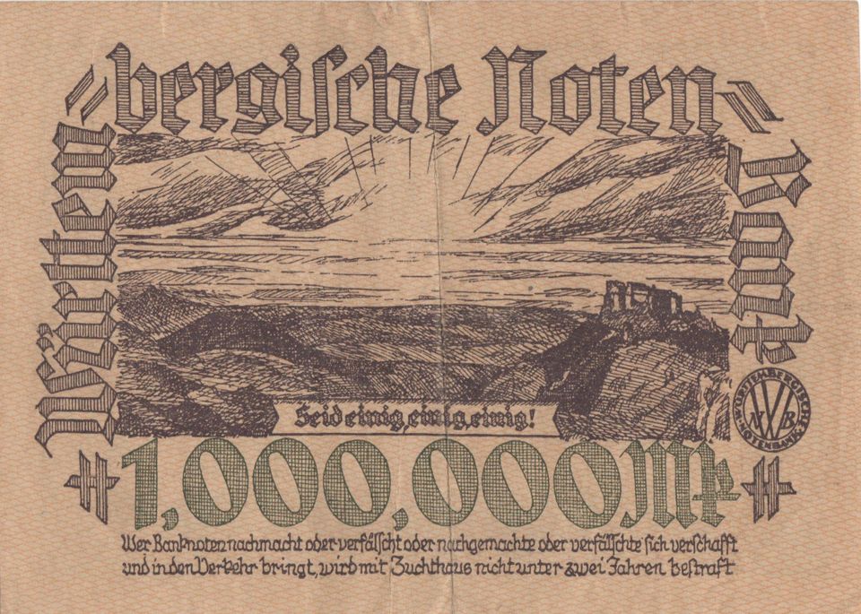 Eine Million Mark Württembürgische Notenbank August 1923 in Hamburg