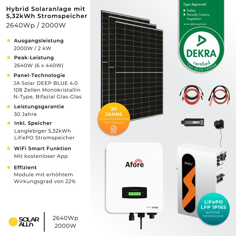 SOLAR ALLin Balkonkraftwerk Mit Speicher 5kWh | 6x JA Solar Bifazial Module 2640Wp | Afore Hybrid Wechselrichter 2000W | App & WiFi in Würselen