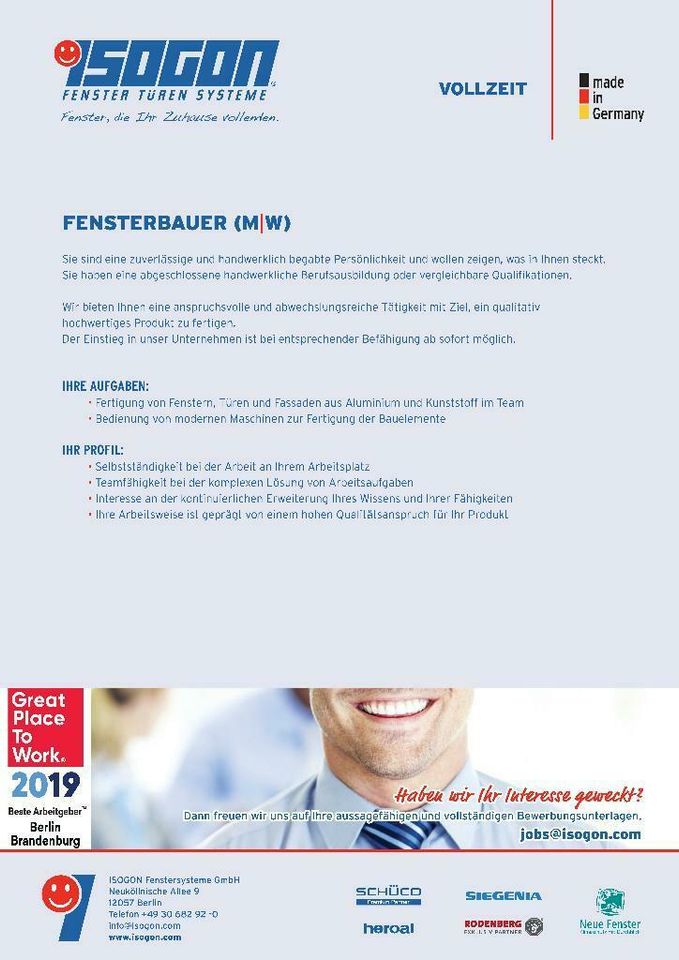 PRODUKTION FENSTERBAU (M|W) | Standort Rüdersdorf-Berlin in Berlin