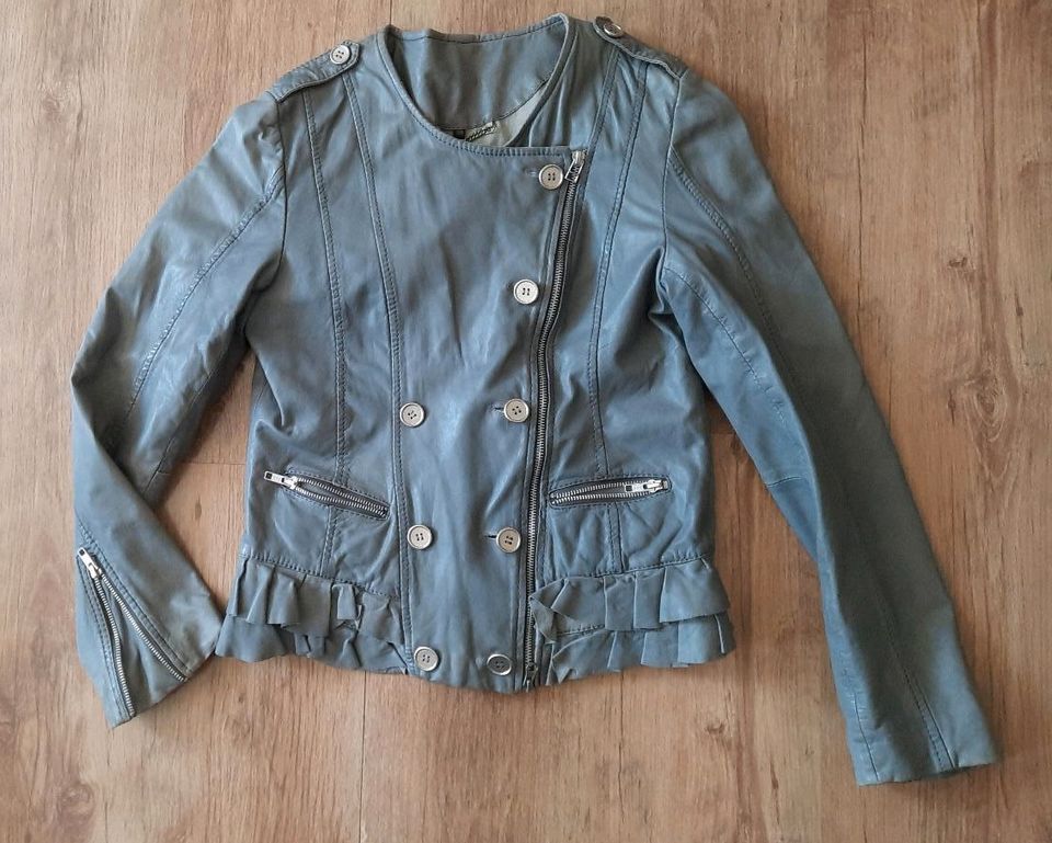 ❤️ COCKTAIL stylische Lederjacke 36 38 grau Rüschen in Ochsenfurt