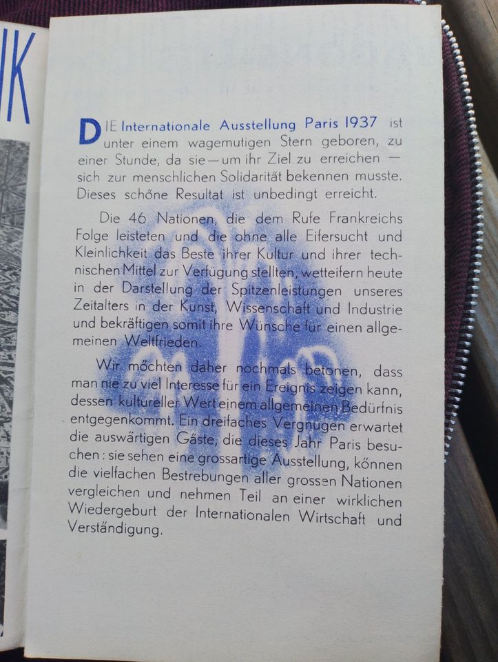 Prospekt  Weltausstellung Paris 1937 auf Deutsch in Weinheim