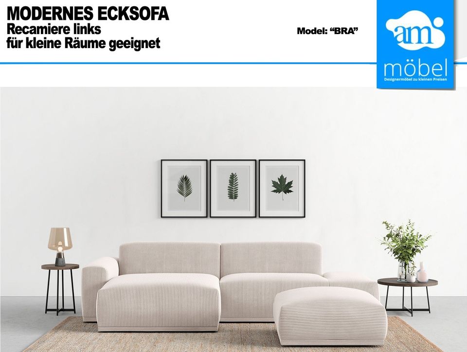 Sofa Couch Wohnlandschaft L Form + Hocker Cord beige in Bremen