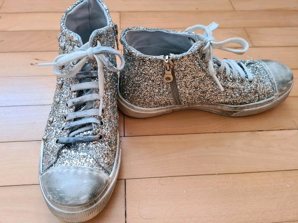 Italienische, knöchelhohe Glitzer Schuhe, Silber, Größe 37 in Binswangen