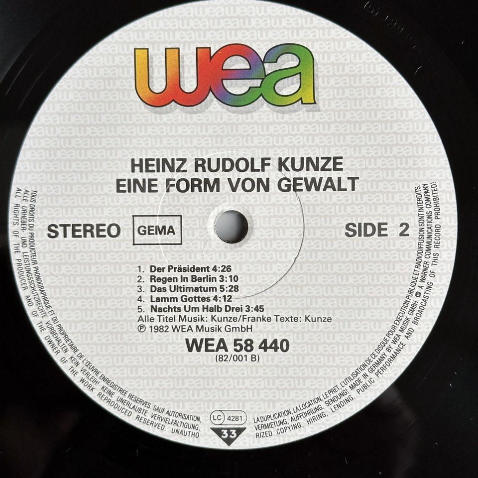 LP – HEINZ RUDOLF KUNZE – EINE FORM VON GEWALT in Hamburg