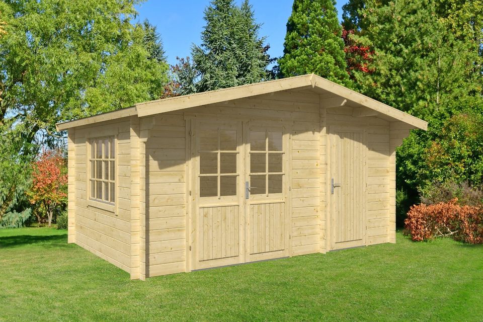 ABHOLBEREIT 28 mm 2-Raum-Gartenhaus ISO-Glas 450x300 cm (Breite x Tiefe) Holz Holzhaus Holzhütte Datsche Blockhütte Satteldach Gerätehaus Geräteschuppen 4140059 in Hahn am See