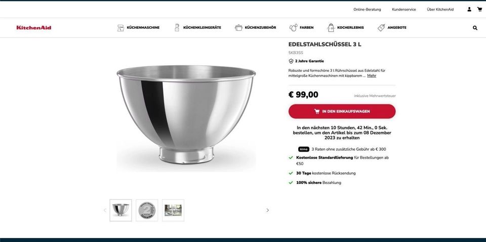 Kitchenaid EDELSTAHLSCHÜSSEL 3 L (NEU) in München