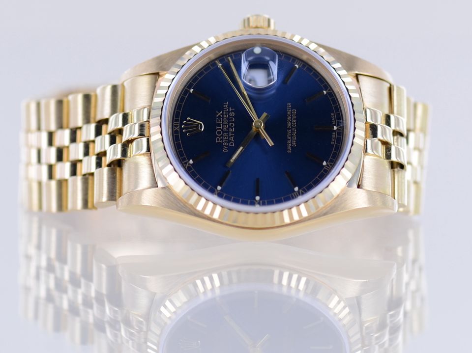 Rolex Uhr Datejust 16018 Jubile Fluted Bezel blue Dial 18K Gold in  Nordrhein-Westfalen - Langenfeld | eBay Kleinanzeigen ist jetzt  Kleinanzeigen