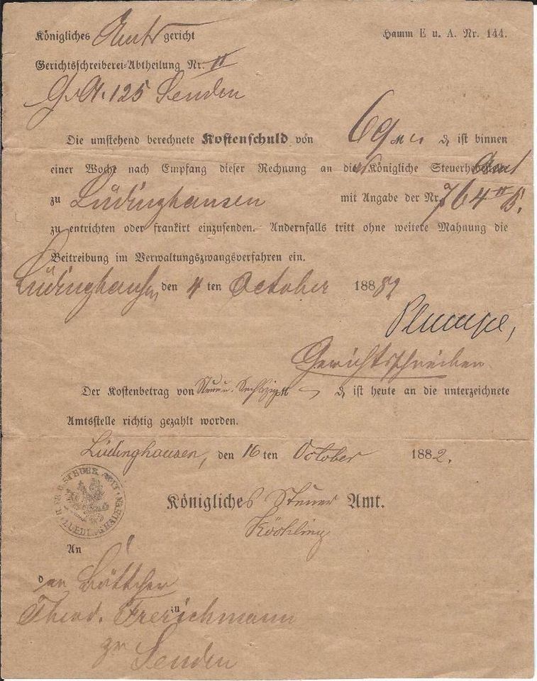 Lüdinghausen - Frerichmann - Urkunde 1882 - Königliches Steueramt in Overath