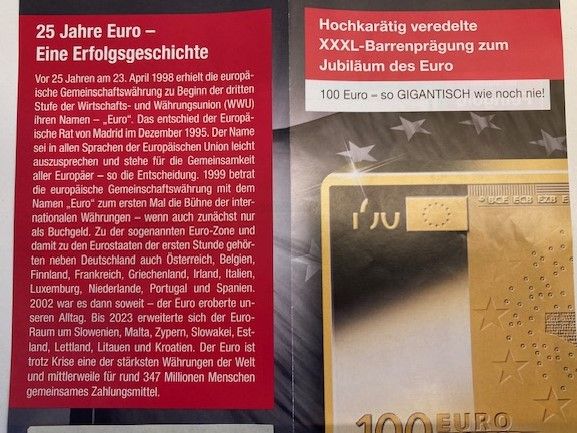 25 Jahre EURO Jubiläum, 100 € Barrenprägung XXXL in Augsburg