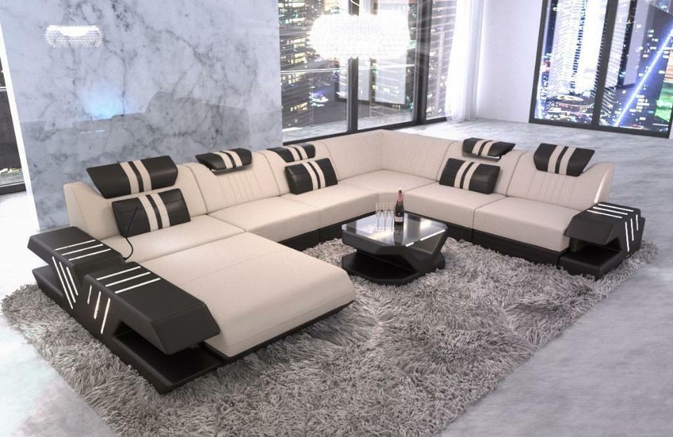 Stoff Sofa Wohnlandschaft Venedig XXL Couch mit Ottomane LED in Berlin