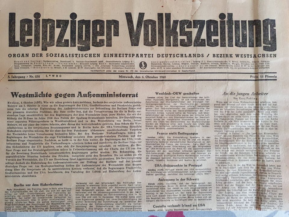 Leipziger Volkszeitung 1948 Titelseite in Leipzig