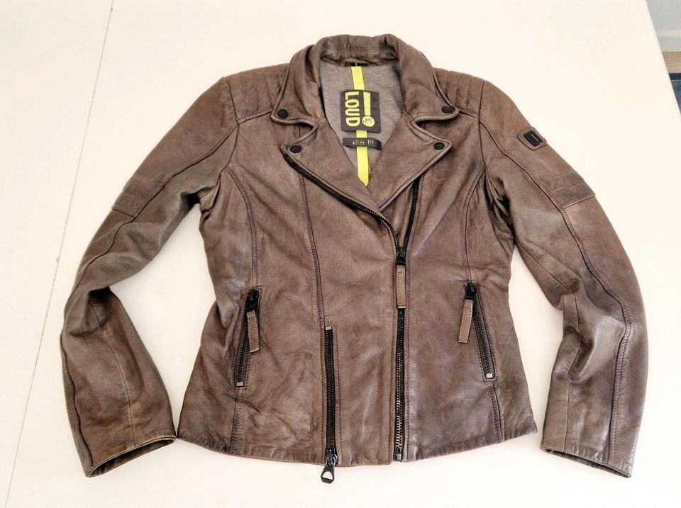 Gipsy Loud Slim Fit Leder Jacke Biker S grau taupe tailliert in Krefeld