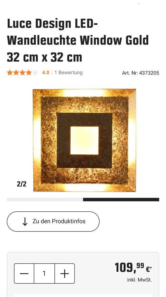 NEU Luce Design LED-Wandleuchte Window Gold 32 cm NP 110 € in Wolfenbüttel