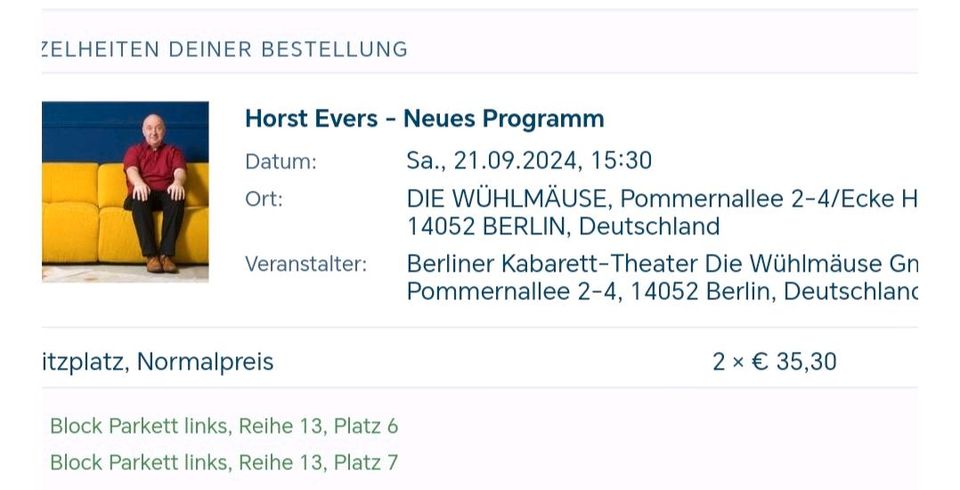 Horst Evers, 2 Tickets, Berlin, 21.09.24, Wühlmäuse in Hürth