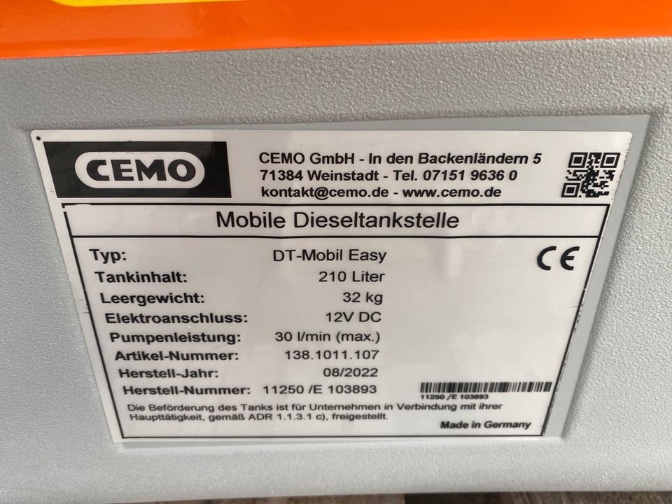 Cemo DT- Mobil Easy Pick-up Dieseltank Dieselfass Minibagger in Norderheistedt