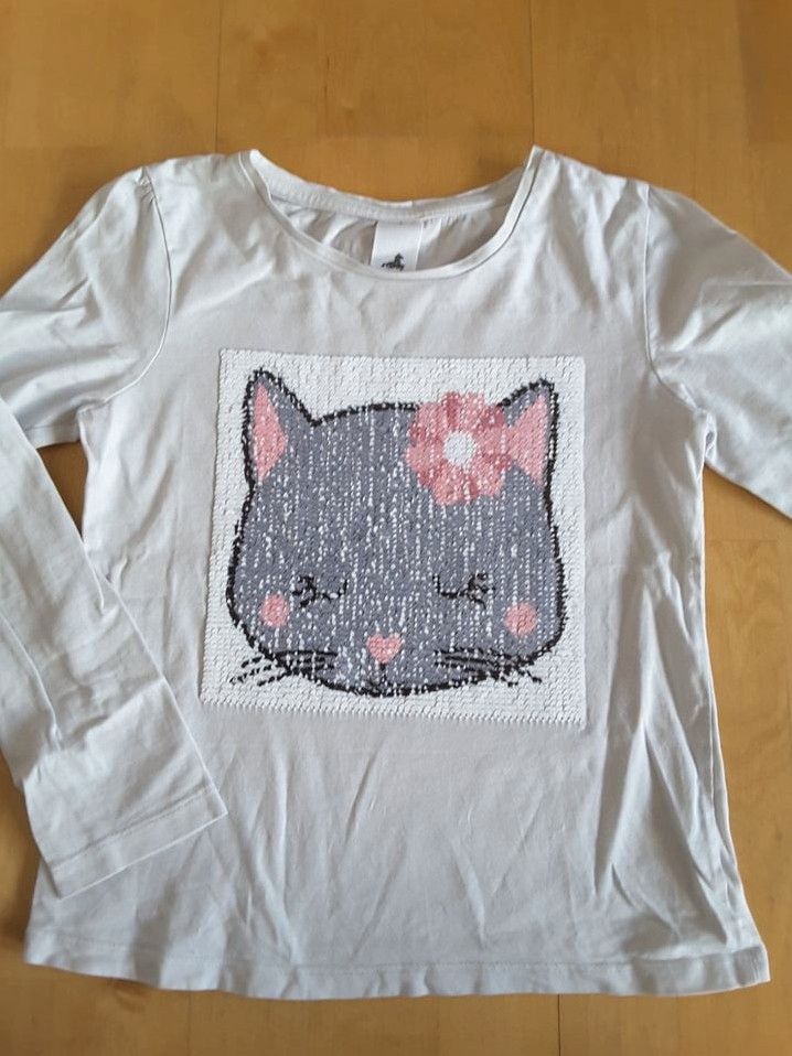 Shirt langarm blau weiß Wendepailetten Katze Einhorn 134 140 neuw in Schwabmünchen